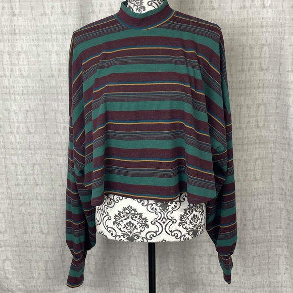 Free People Steph Mock Neck Long Sleeve Striped  Top Pine Combo Size Small - Picture 2 of 13